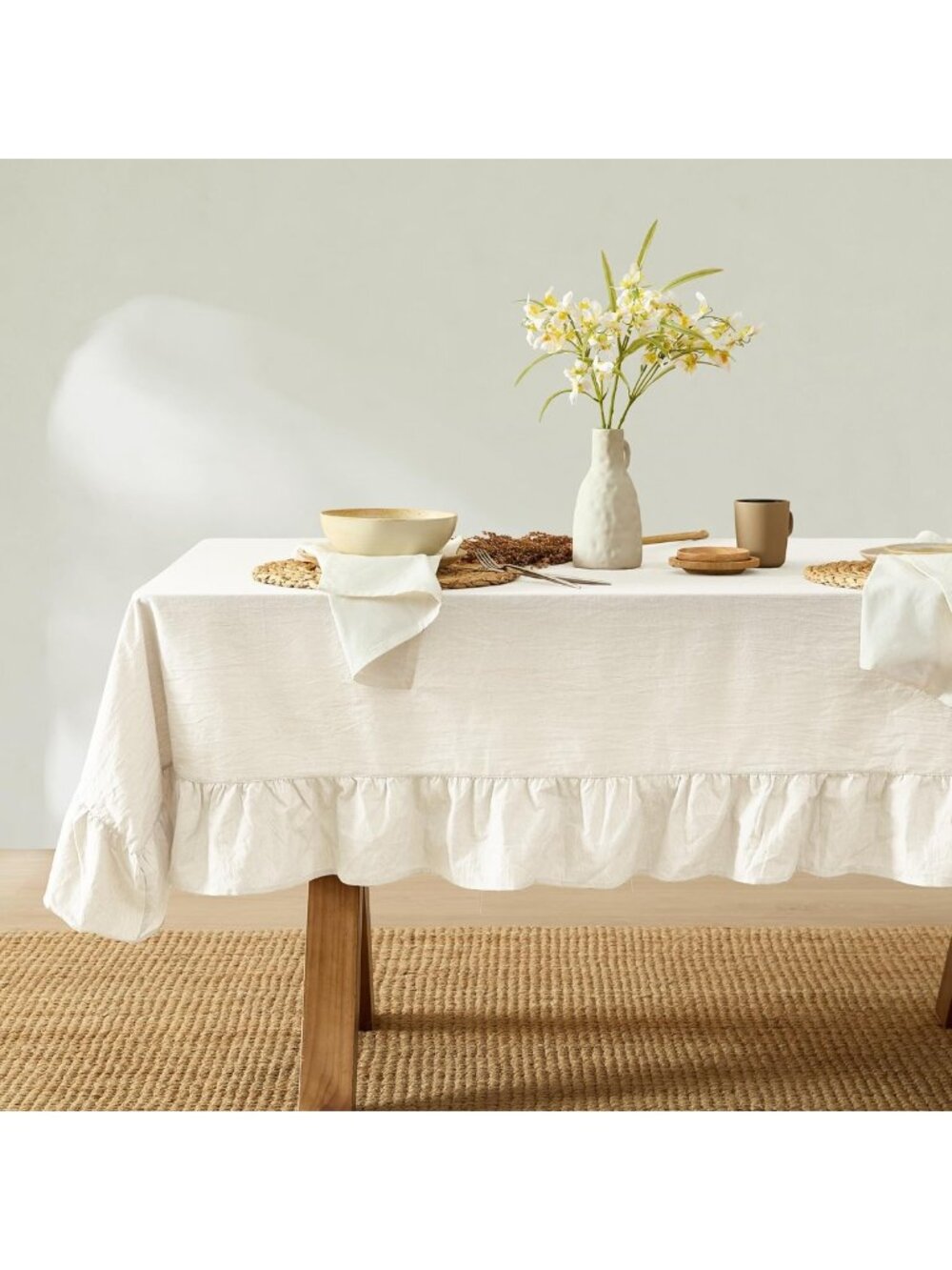 MONDAY MOOSE Ruffle Farmhouse Rustic Rectangle Natural Stonewashed Cotton